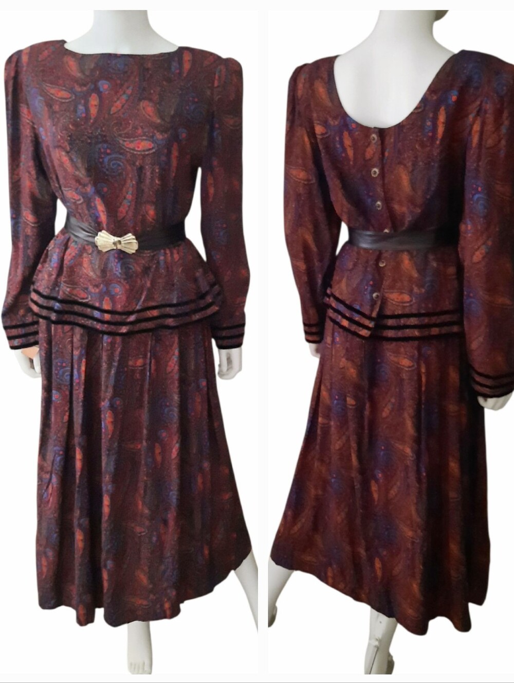 Vtg PLAZA SOUTH Paisley Long Sleeve Button Front Midi Dress Wine/Multi Sz 12